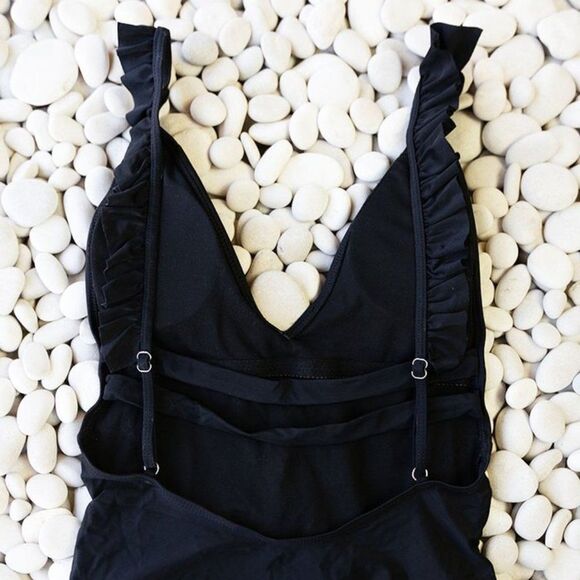 NWT Large, Ruffle Trim, Low V-Neck Low Back One Piece Swimsuit in black - Picture 7 of 12